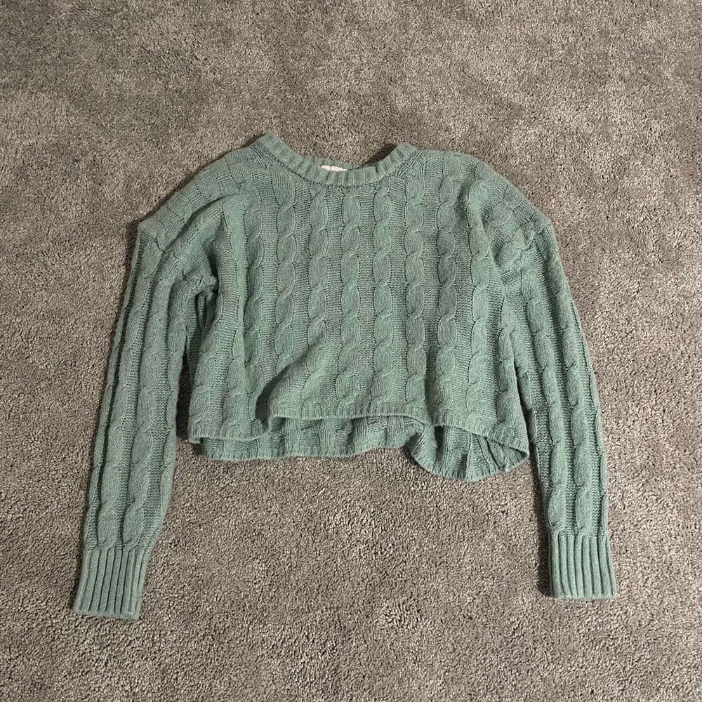 Green Knitted Pink Rose Cropped Sweater